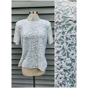 Vintage‎ 90s St John Evening Knit Top Mint Green White Lace Sequin Rhinestone 12